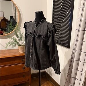 entro Black Ruffle-Trim black denim shirt large
